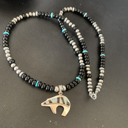 Turquoise Opal Inlay Pendant Black Onyx Navajo Sterling Silver Necklace 12688