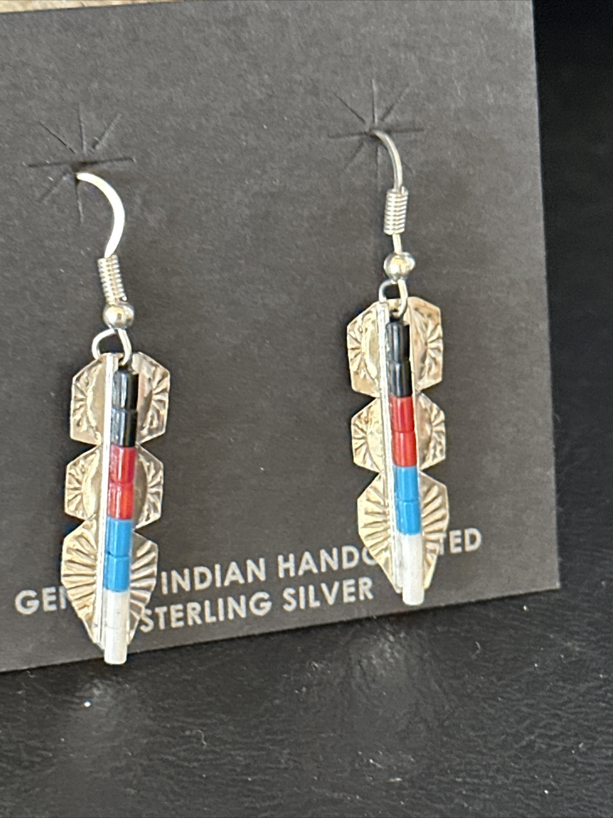 Lapis, Opal, Coral Navajo Sterling Silver Inlay Earrings 1.5” 14770
