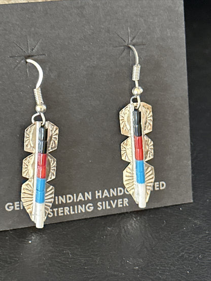 Lapis, Opal, Coral Navajo Sterling Silver Inlay Earrings 1.5” 14770