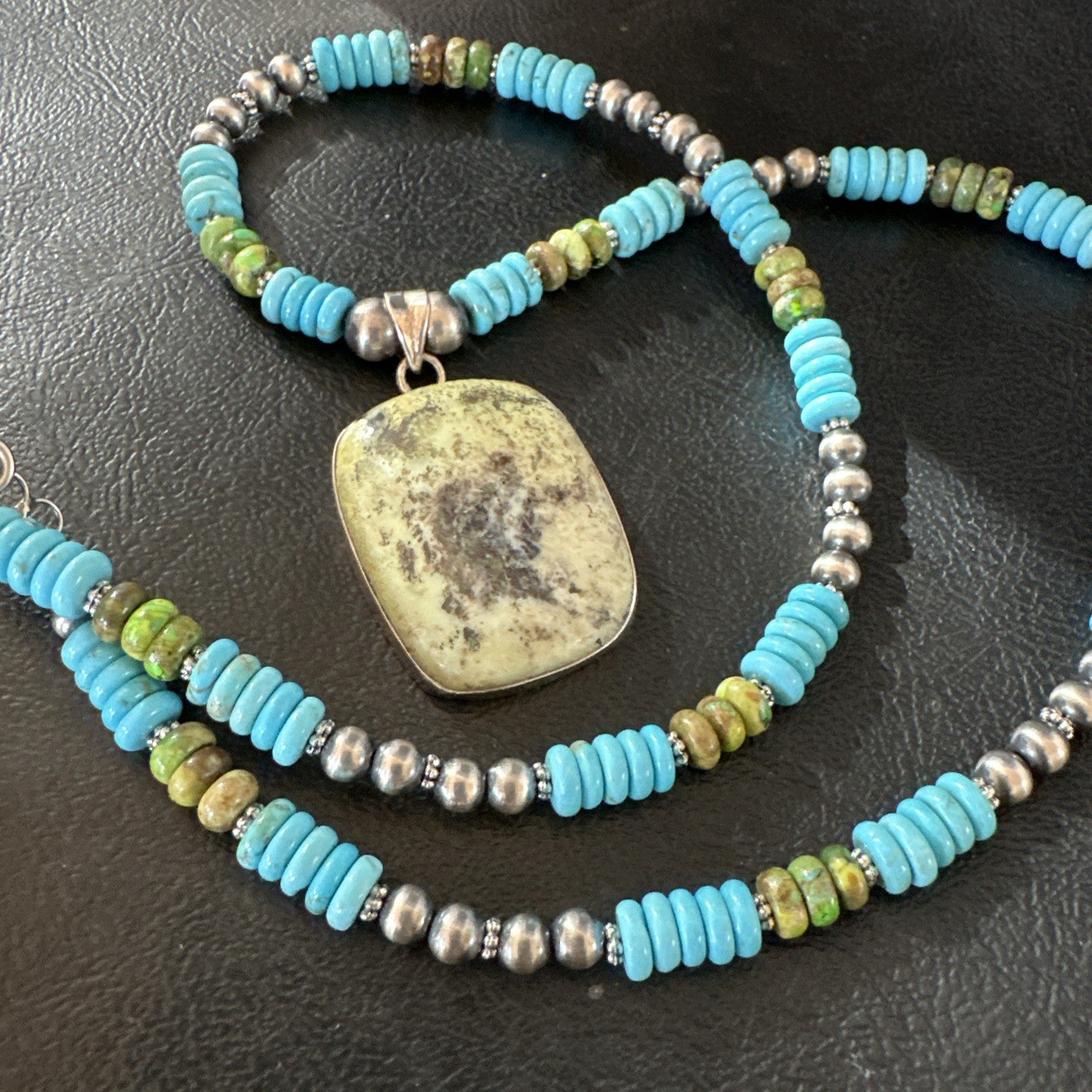 Green Gaspeite Pendant Blue Turquoise Navajo Sterling Silver Necklace 20" 19672