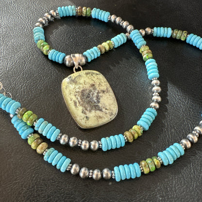 Green Gaspeite Pendant Blue Turquoise Navajo Sterling Silver Necklace 20" 19672