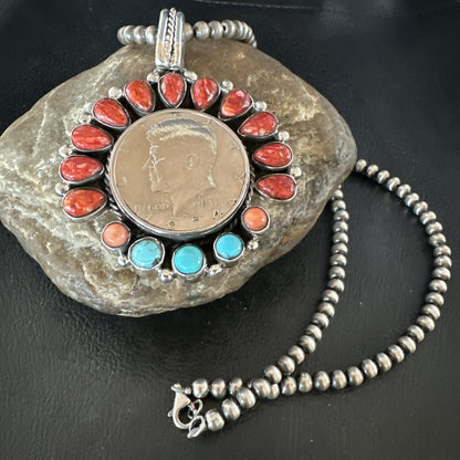 Coin Pendant Red Spiny Oyster Turquoise Navajo Sterling Silver Necklace 17924