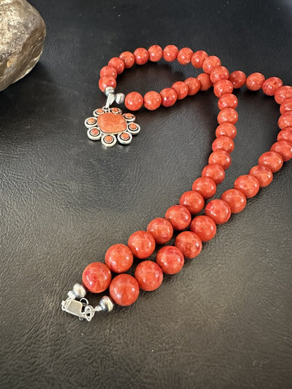 Navajo Apple Sponge Coral Sterling Silver Necklace Pendant 18327