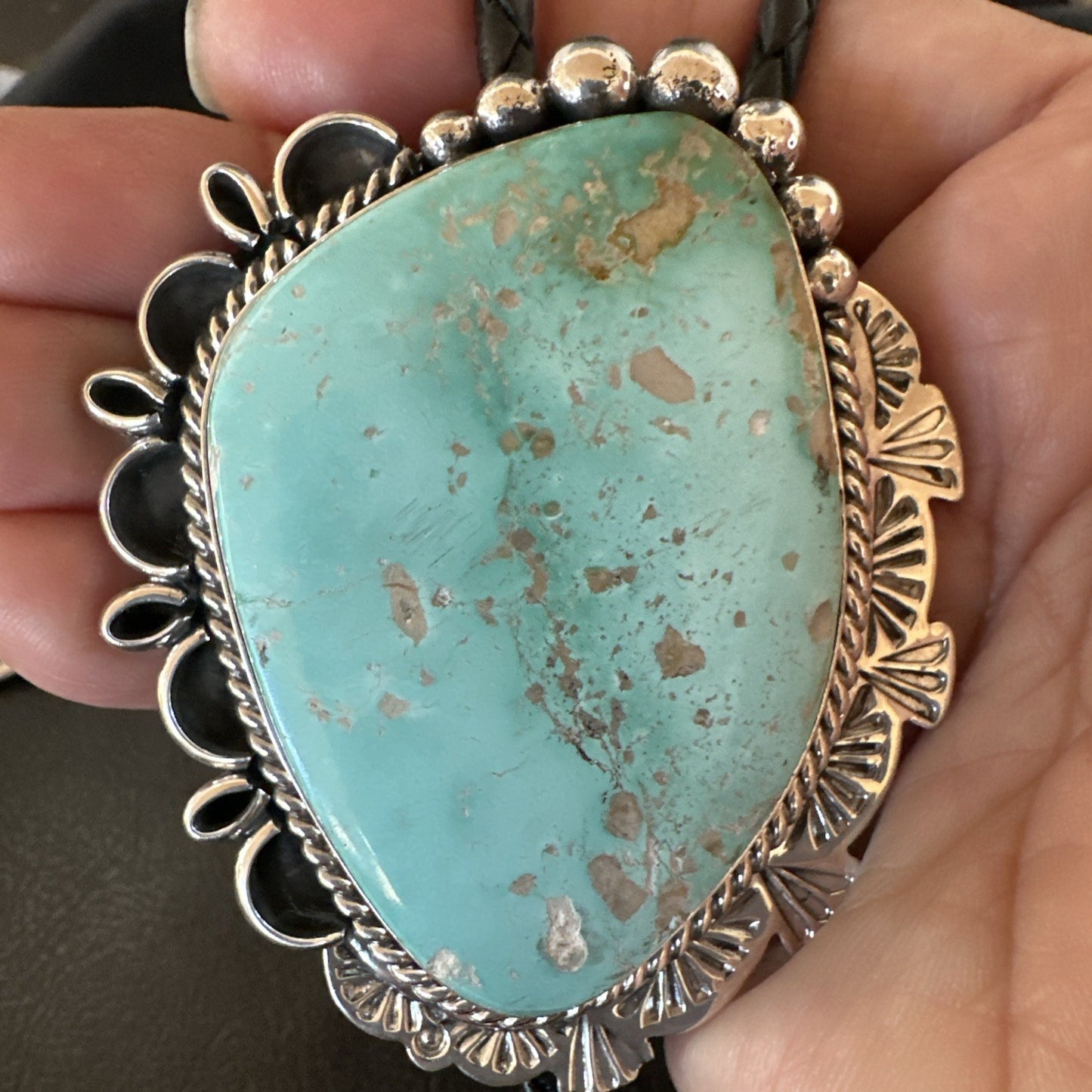 Native Mens Blue Green Royston Turquoise Bolo Tie Sterling Silver Navajo 19592