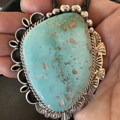 Native Mens Blue Green Royston Turquoise Bolo Tie Sterling Silver Navajo 19592