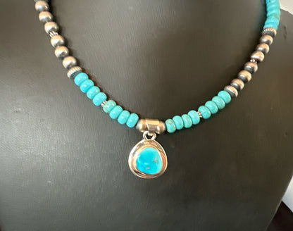 Mens Blue Kingman Turquoise Pendant Navajo Sterling Silver Necklace 21" 17901