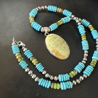Green Gaspeite Pendant Blue Turquoise Navajo Sterling Silver Necklace 20" 19668