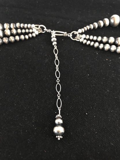 Native American Navajo Pearls Sterling Silver Bead Necklace 60” Long 3 Strands