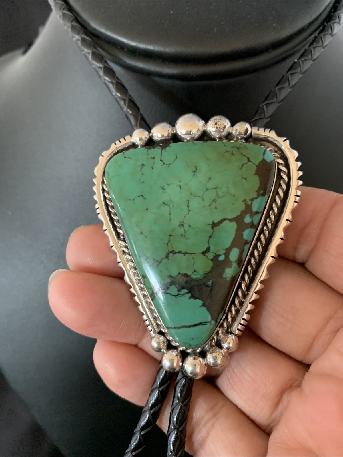 Native Mens Green Spider Web Turquoise Navajo Sterling Silver Bolo Tie 12904