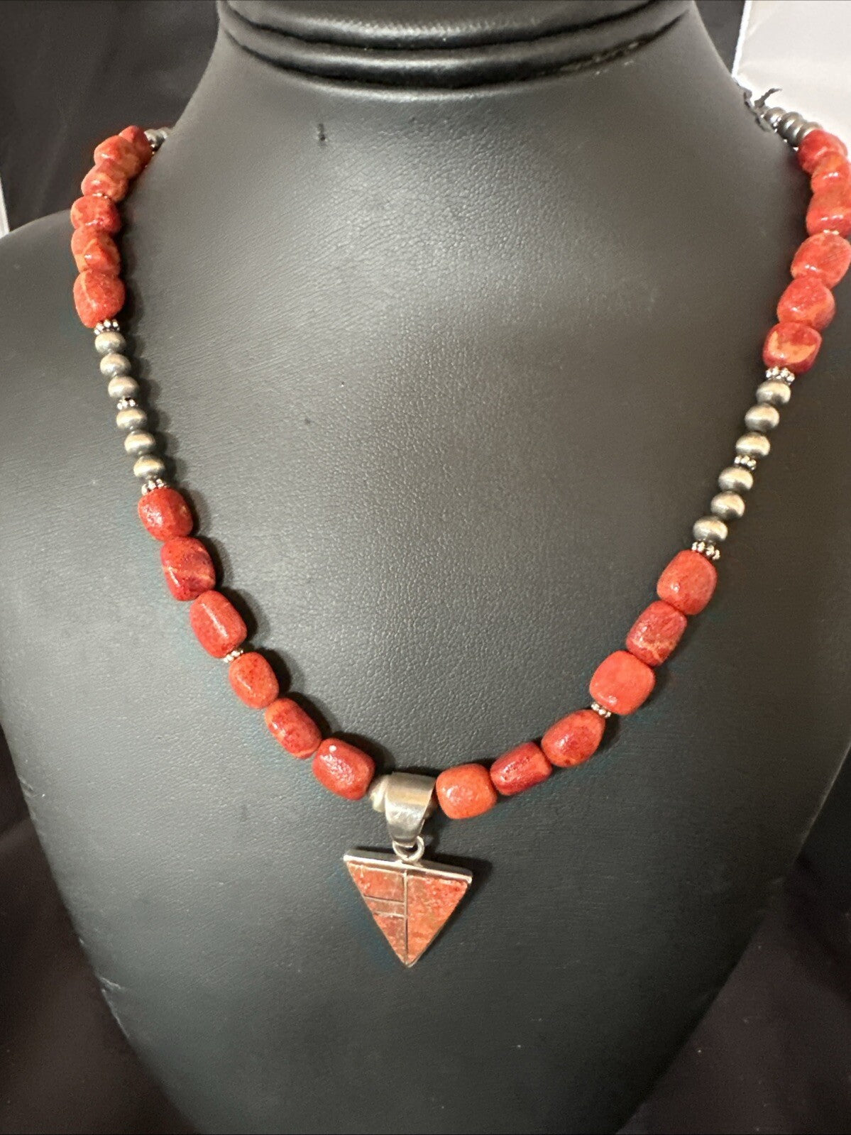 Navajo Apple Sponge Coral Sterling Silver Necklace Inlay Pendant 21” 18755