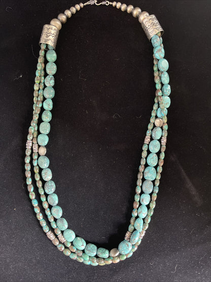 Navajo Pearls Sterling Silver 3 Strands 6mm Turquoise Heishi Necklace 23" 01773