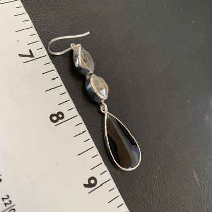 Black Onyx & Quartz Navajo Sterling Silver Dangle Earring 2" 12086