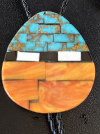 Mens Turquoise Orange Spiny Oyster Sterling Silver Santo Domingo Bolo Tie 14631