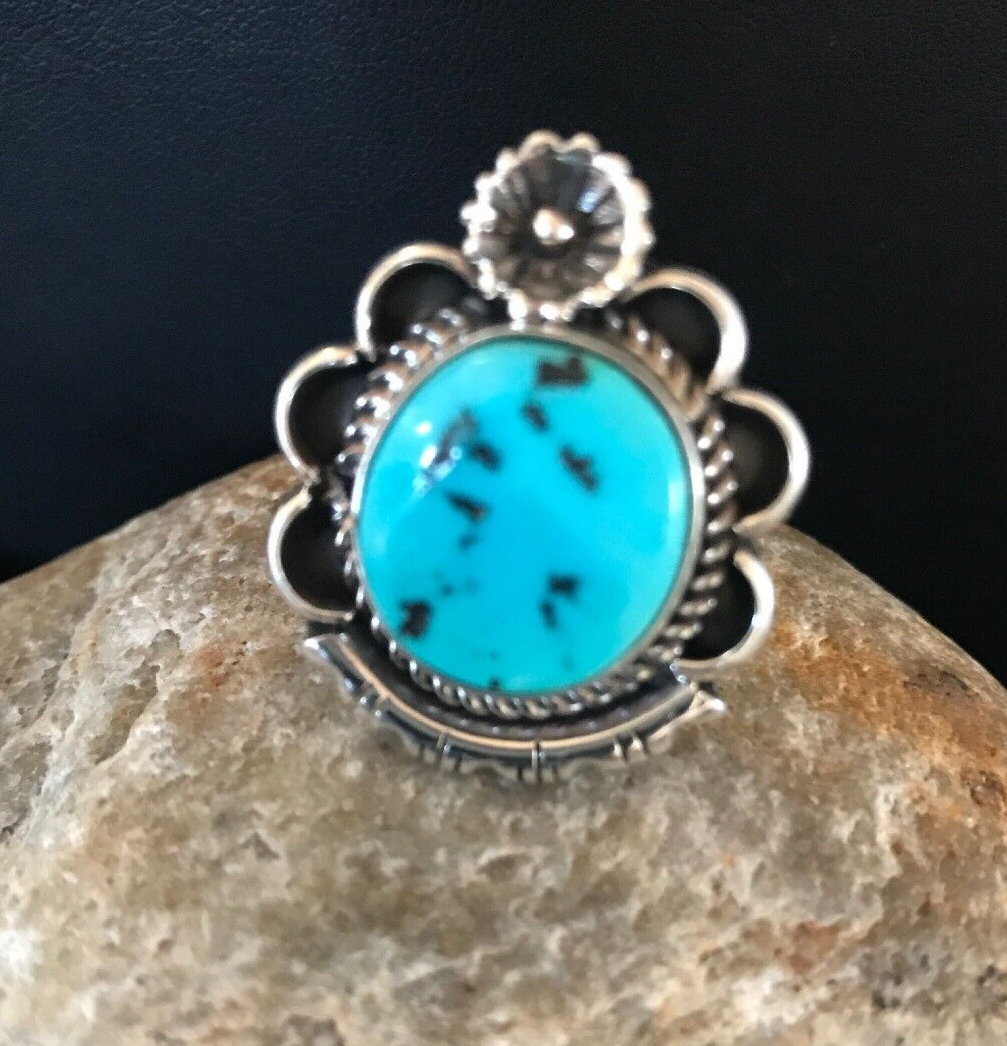Kingman Turquoise Navajo Sterling Silver Ring Size 9 08240