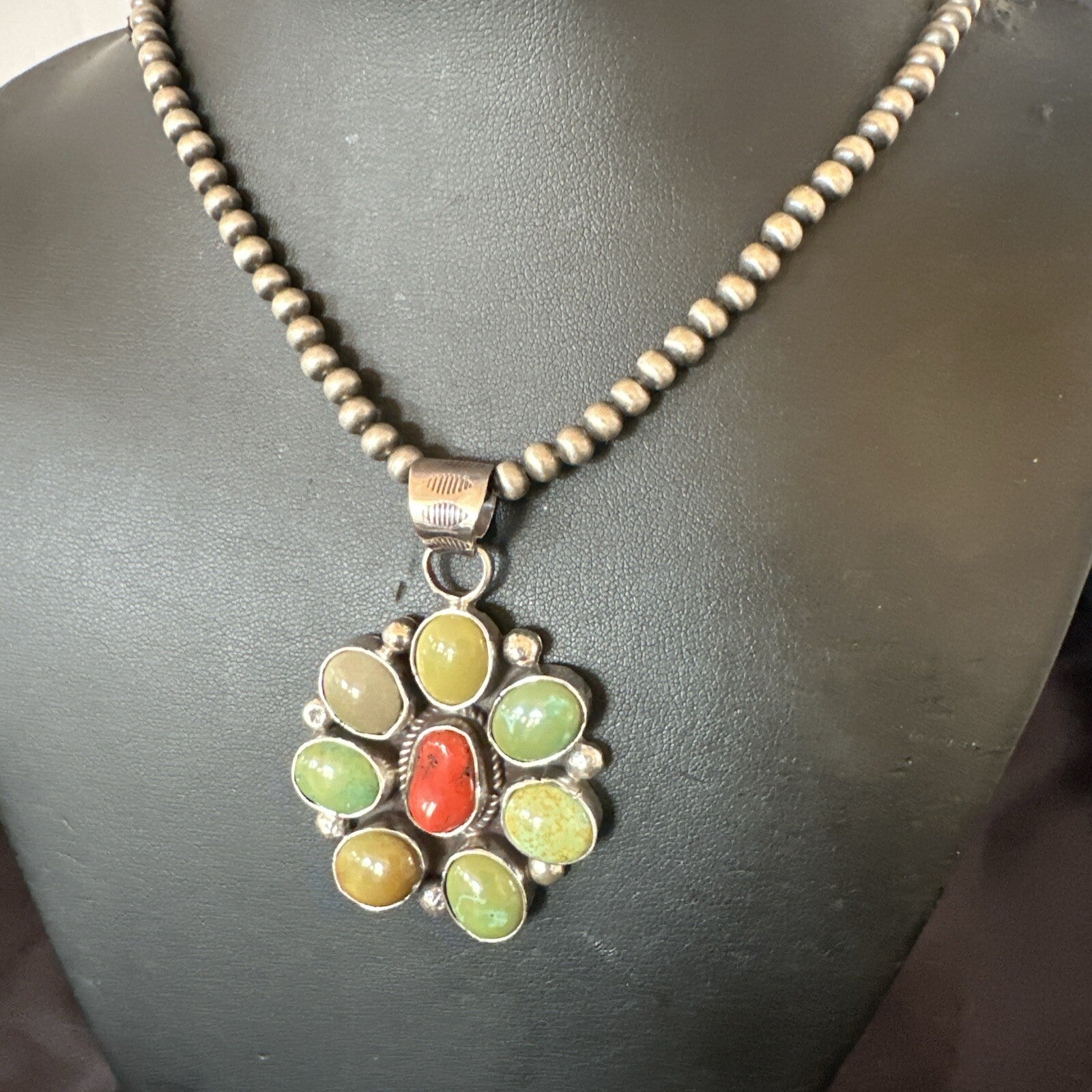 Navajo Sterling Cluster Red Turquoise Pendant Necklace 17712