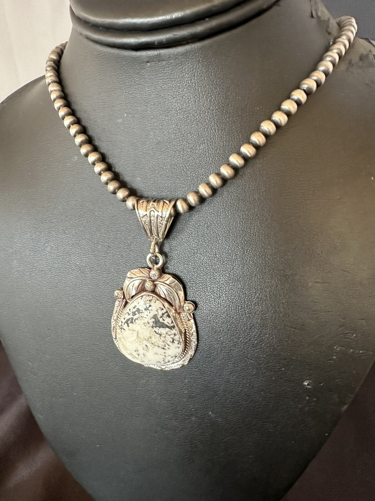 Mens White Buffalo Turquoise Pendant Sterling Silver Beads Necklace 18311