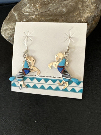 Blue Turquoise Coral Horse Inlay Navajo Sterling Silver Earrings 19827