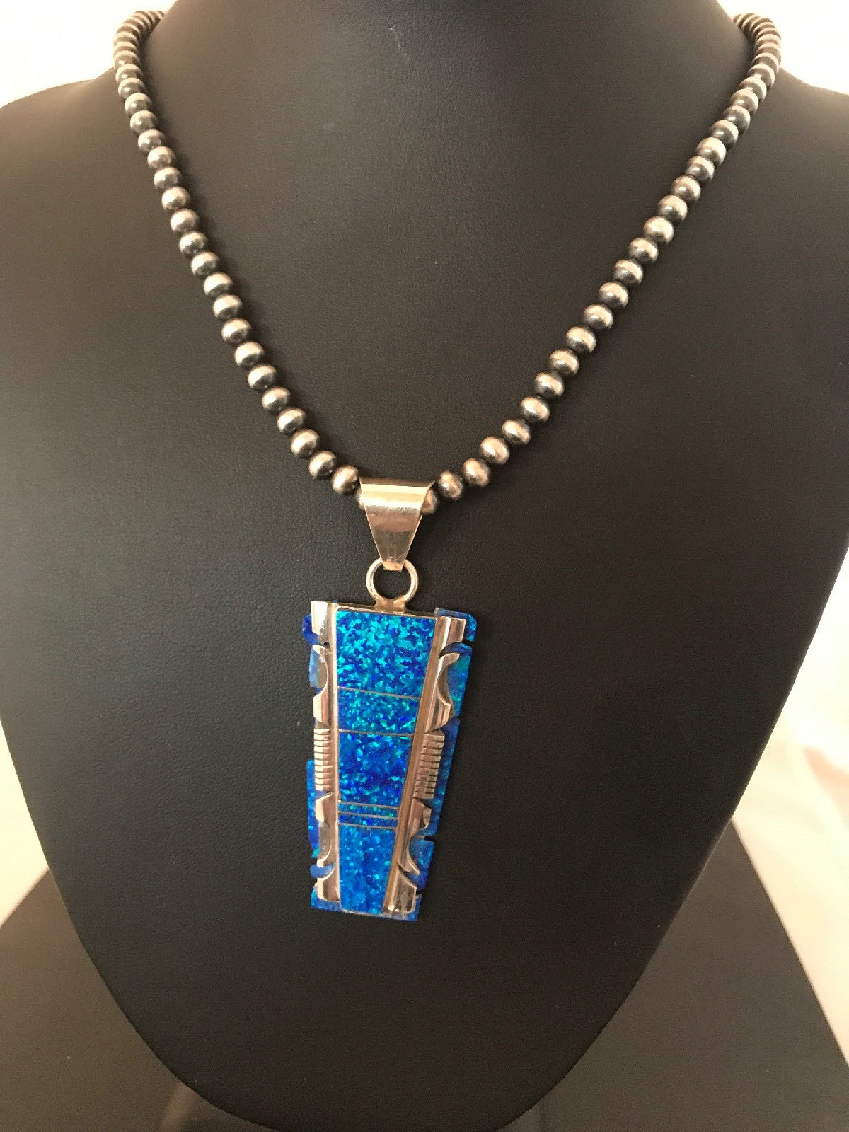 Blue Opal Pendant Navajo Pearls Beads Sterling Silver Necklace 08281