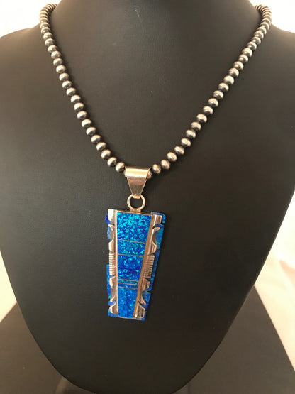 Blue Opal Pendant Navajo Pearls Beads Sterling Silver Necklace 08281