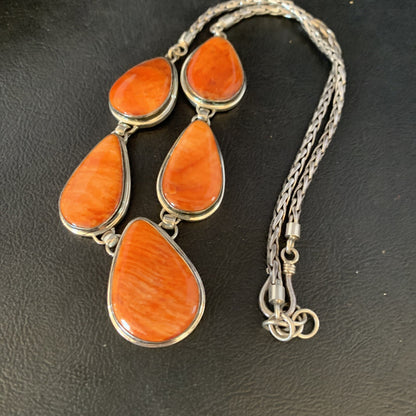 Orange Spiny Oyster Pendant Navajo Sterling Silver Lariat Necklace 20" 13889