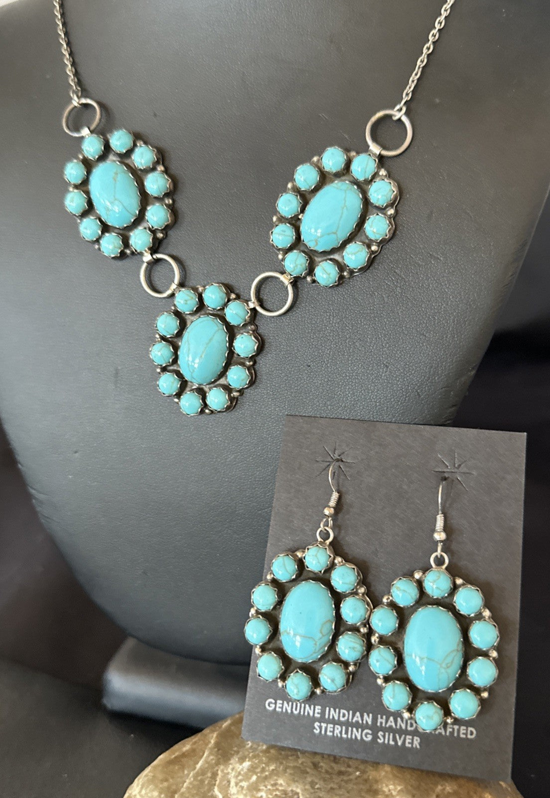 Cluster Lariat Blue Kingman Turquoise Earrings Necklace Pendant Navajo 23" 19112