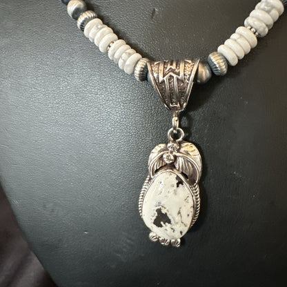 Men Women White Buffalo Turquoise Pendant Navajo Sterling Silver Necklace 17718