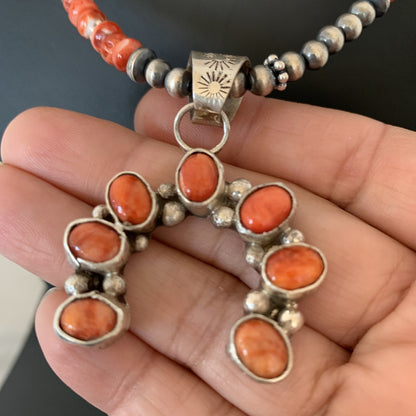 WoMens Navajo Sterling Silver Red Spiny Oyster Naja Pendant Necklace 19183