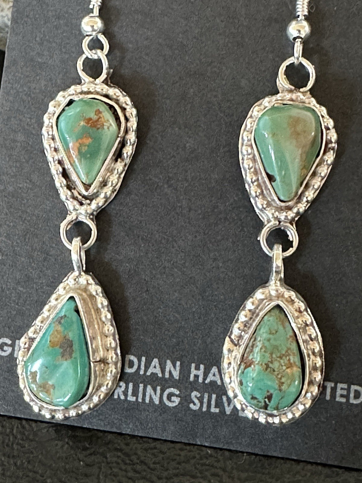 Green Royston Turquoise Navajo Sterling Silver Dangle Earrings 19371