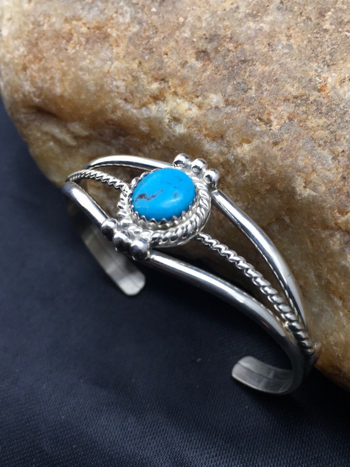 Native Blue Turquoise Navajo Sterling Silver Children's Bracelet 04375