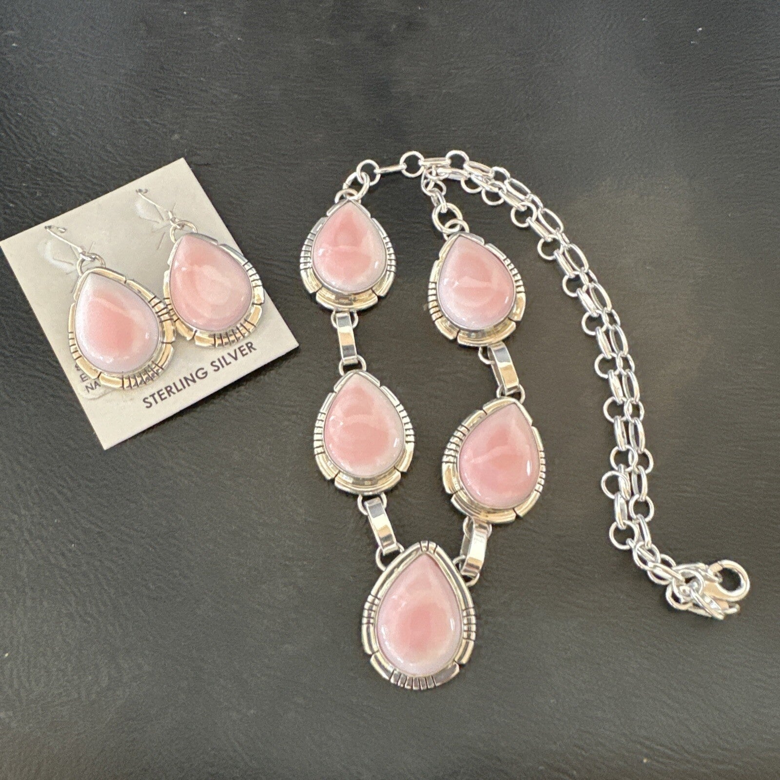 Navajo Pink Conch Choker Lariat Necklace Pendant Earrings 19” 18637