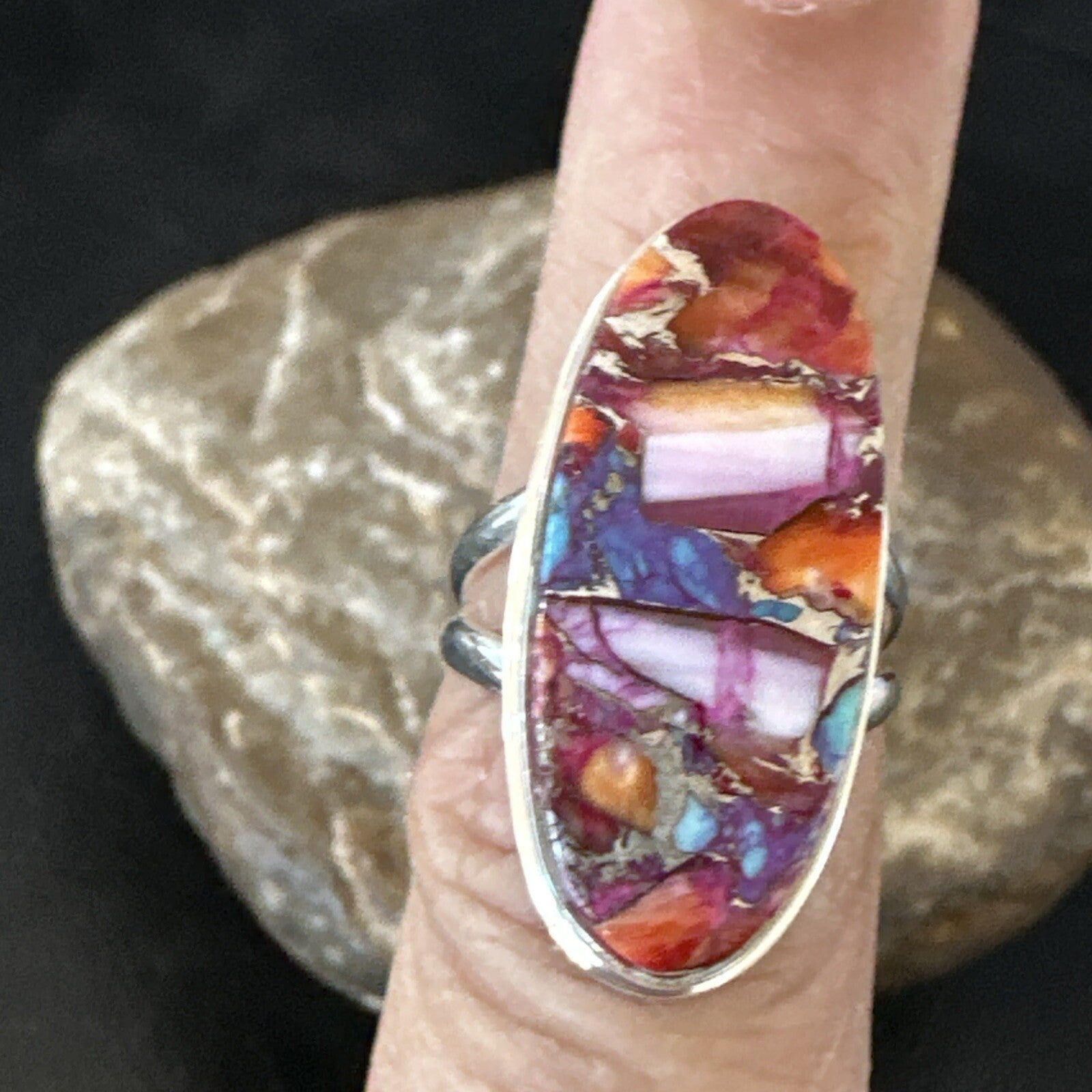 Blue Turquoise Spiny Oyster Southwestern Sterling Silver Ring Size 6 18536
