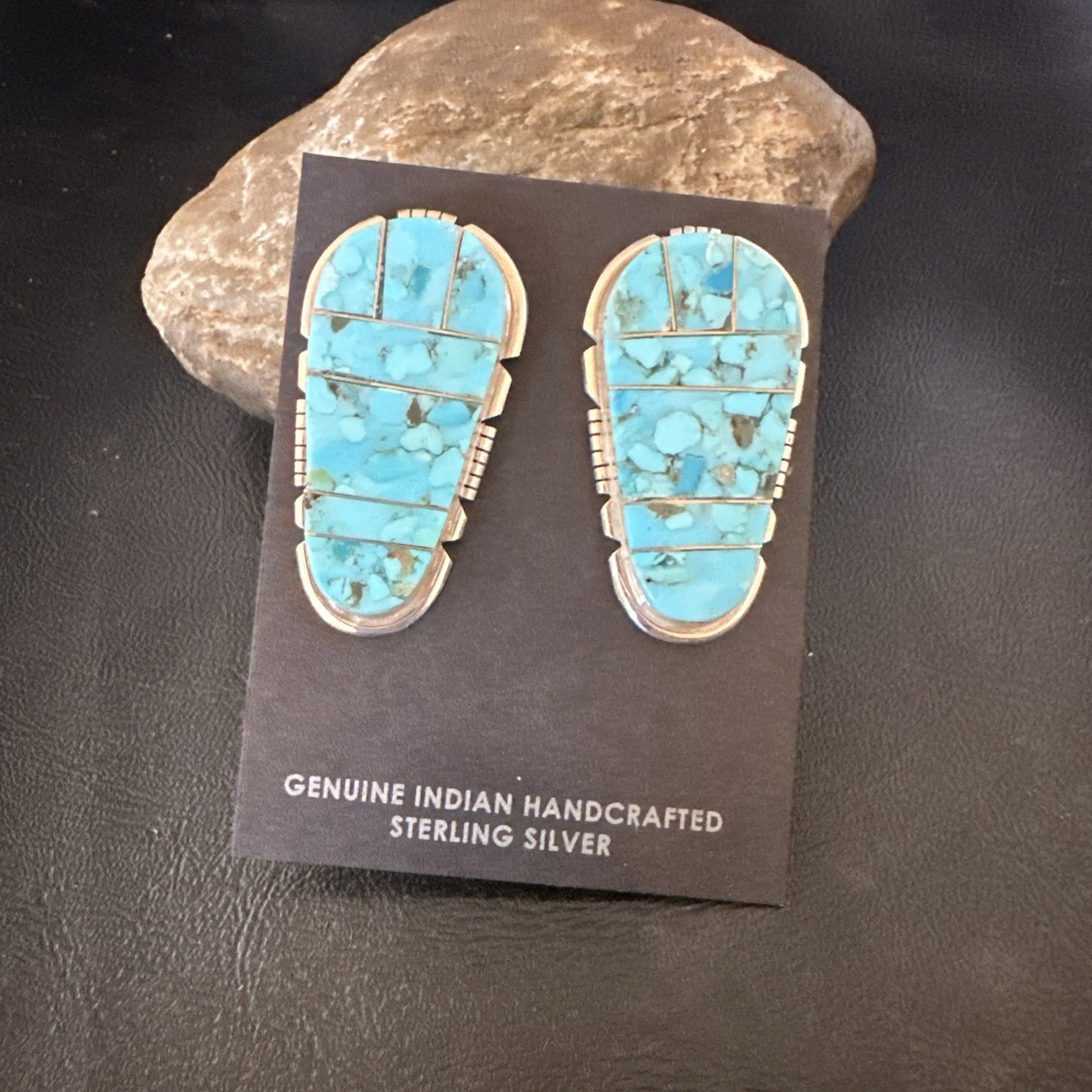 New Inlay Blue Kingman Turquoise Sterling Silver Earrings 1.5” 19097