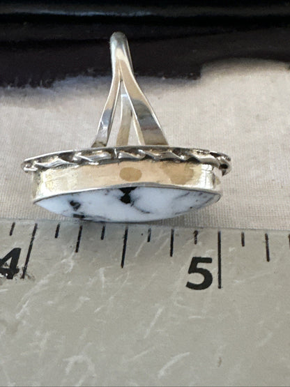 Black White Buffalo Turquoise Navajo Sterling Silver Ring Size 7.5 19805