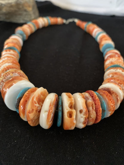 Orange Spiny Oyster Turquoise Navajo Pearls Sterling Necklace 20" 00137