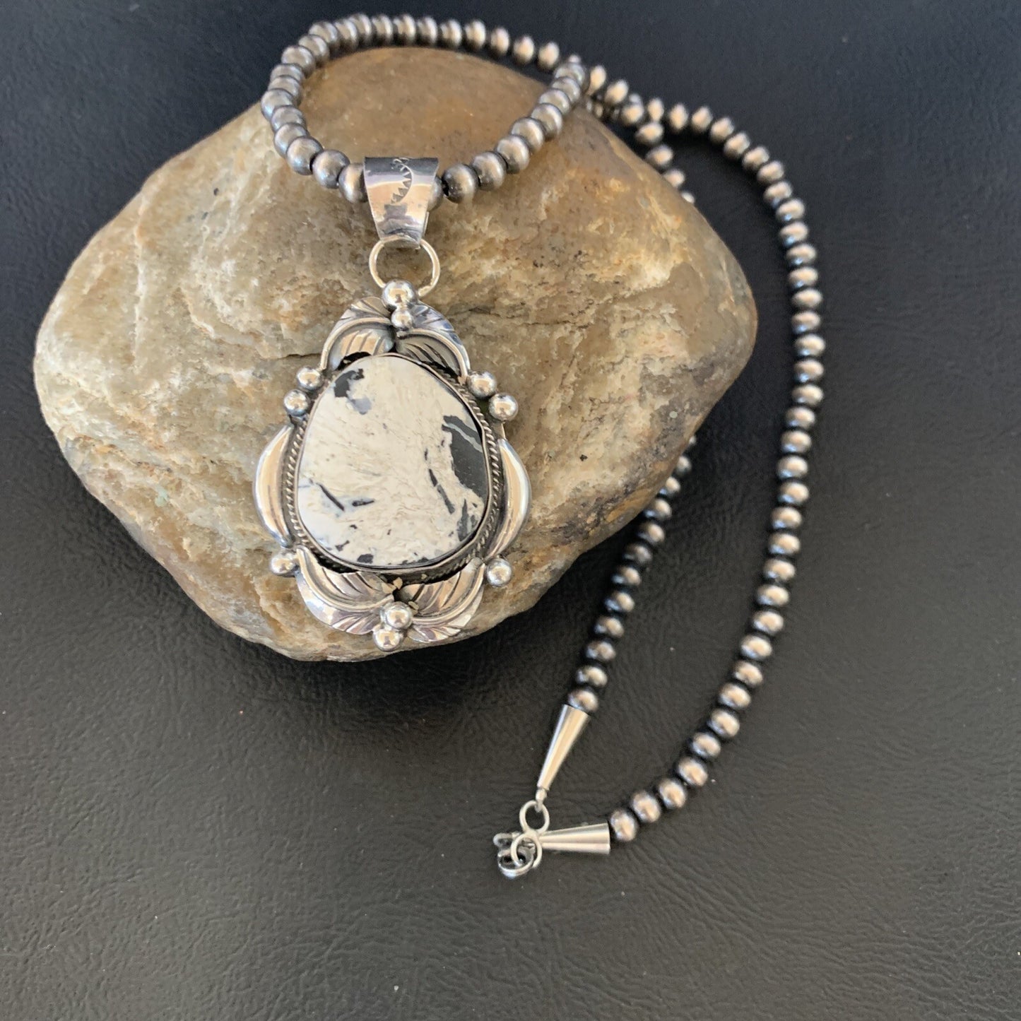 Men White Buffalo Turquoise Pendant Sterling Silver Beads Necklace 12670N