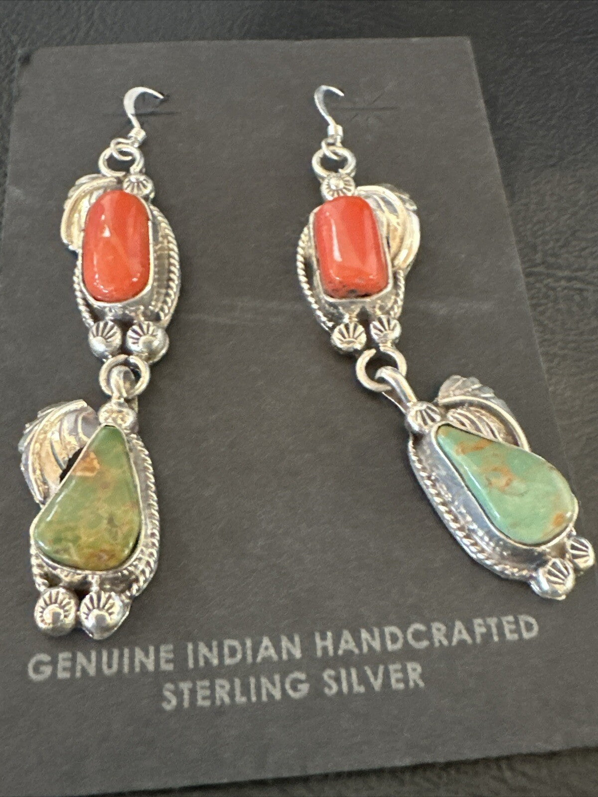 Green Royston Turquoise Red Coral Navajo Sterling Silver Dangle Earrings 1634