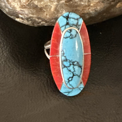 Blue Turquoise Coral Navajo Sterling Silver Ring Size 8.5 18763