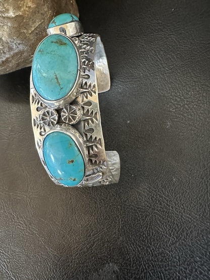 Mens Blue Kingman Turquoise Navajo Sterling Silver Cuff Bracelet 7.5" 19430