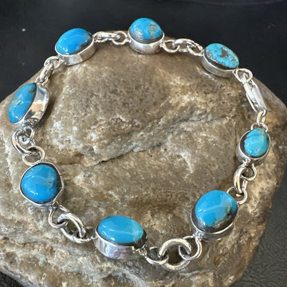 Blue Kingman Turquoise Navajo Sterling Silver Link Bracelet 8” 18301