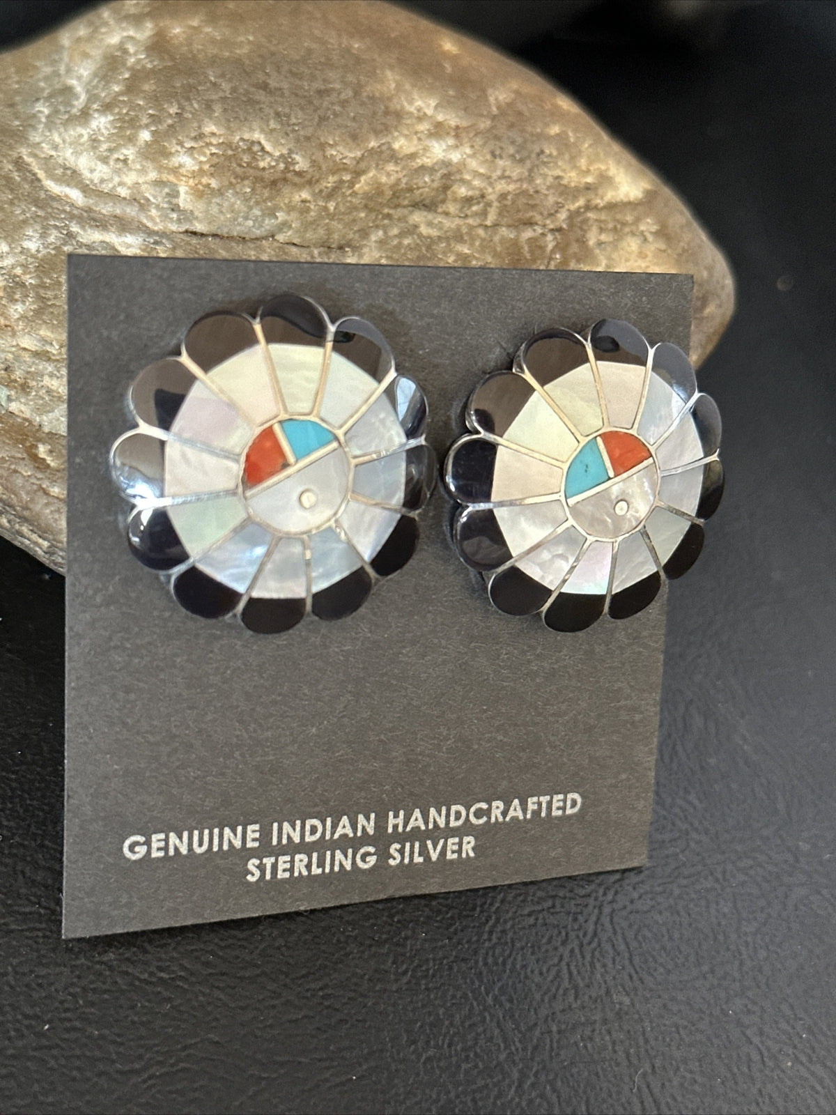 Coral Turquoise Onyx Abalone Zuni Sterling Silver Sunface Inlay Earrings 14769