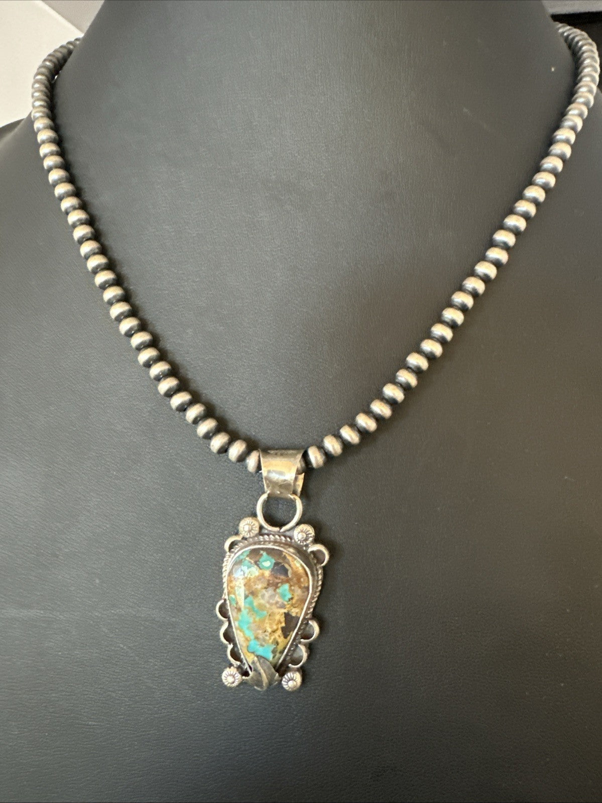 Womens Blue Turquoise Pendant Navajo Pearls Sterling Silver Necklace 19575