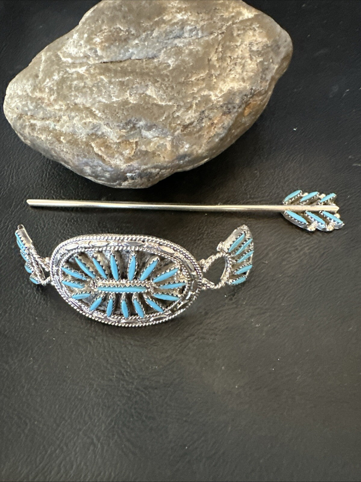 A Zuni Needle Point Sterling Silver Blue Turquoise Hair Barrette 4" 18622