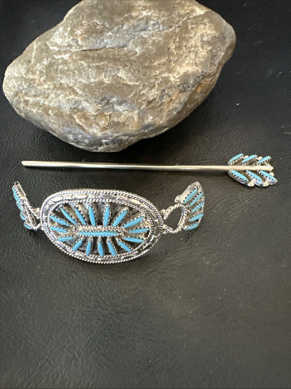 A Zuni Needle Point Sterling Silver Blue Turquoise Hair Barrette 4" 18622
