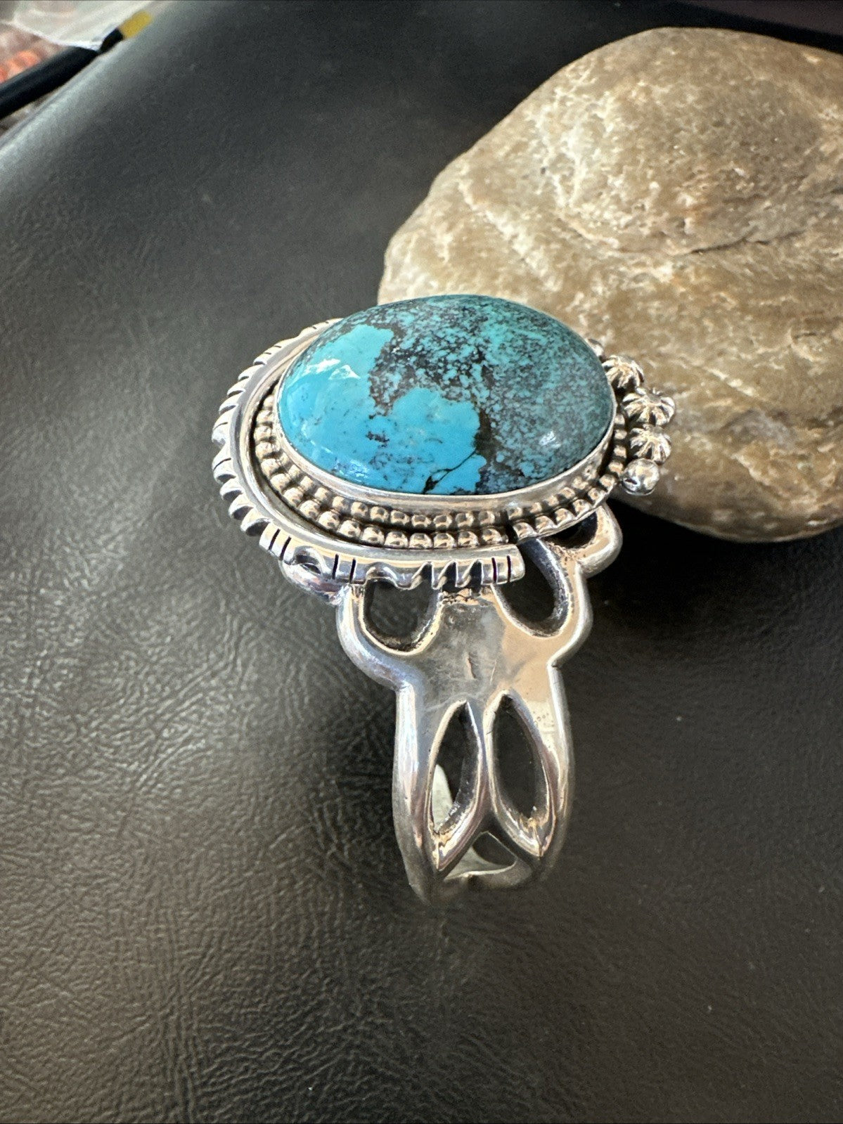 Yazzie Mens Blue Turquoise Navajo Sterling Silver Tufa Cast Cuff Bracelet 19693