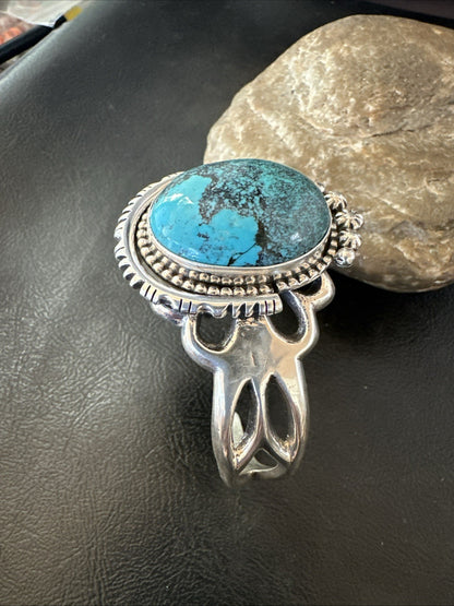Yazzie Mens Blue Turquoise Navajo Sterling Silver Tufa Cast Cuff Bracelet 19693