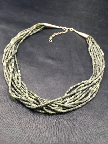 Southwestern Green Agate Heishi 10 Strand Sterling Silver Necklace 16" 04351