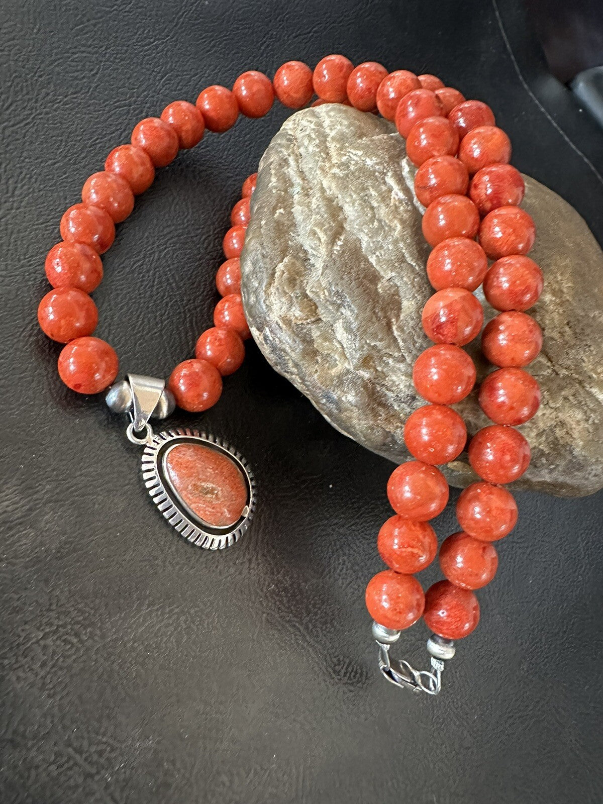 Navajo Apple Sponge Coral Sterling Silver Necklace Pendant 20” 18329