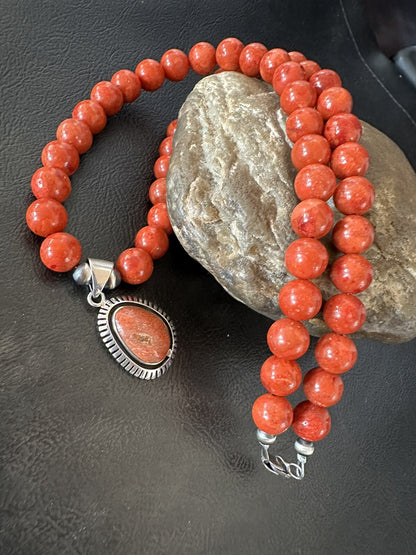 Navajo Apple Sponge Coral Sterling Silver Necklace Pendant 20” 18329