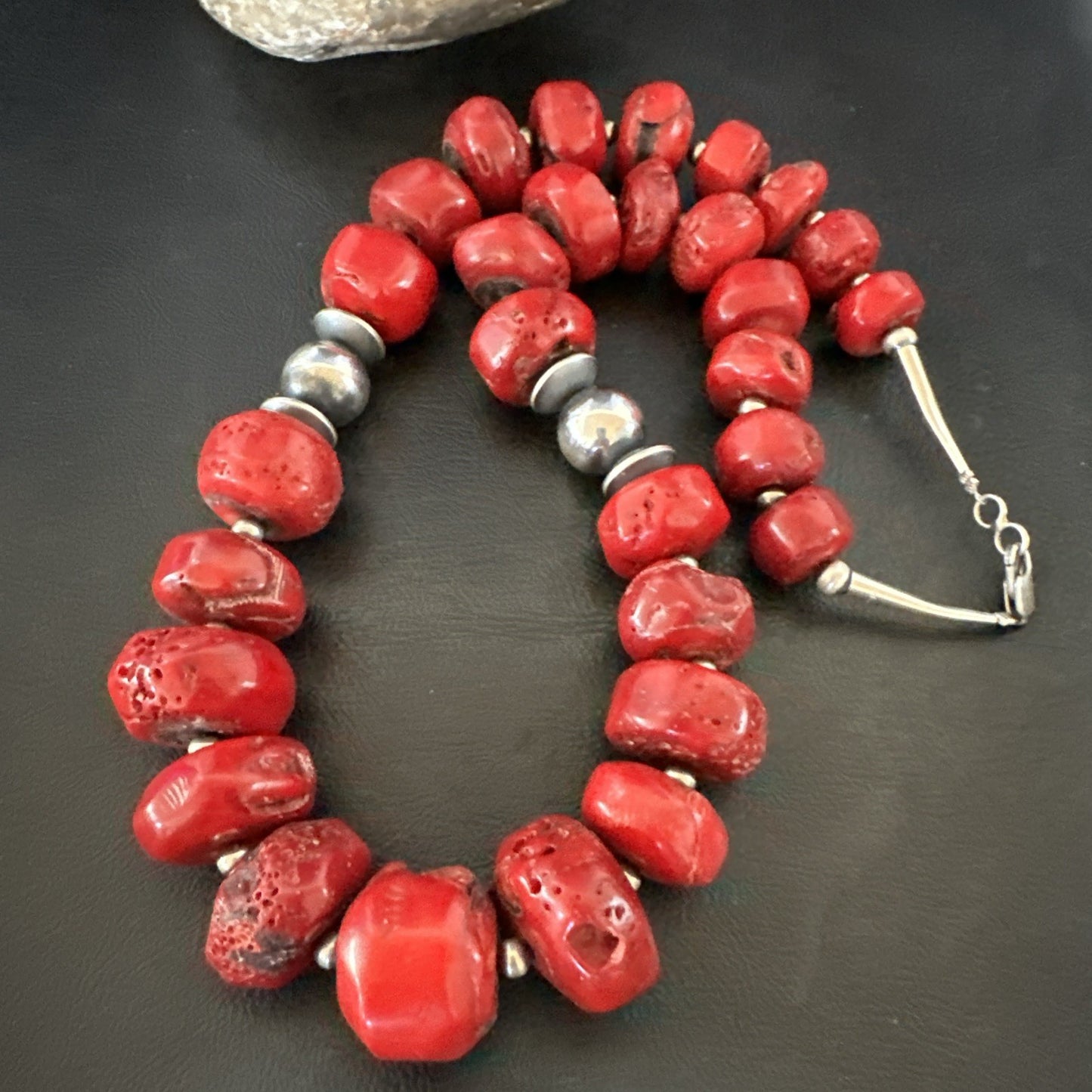 Chunky Navajo Red Bamboo Coral Sterling Silver Bead Necklace 24” Graduated 19531