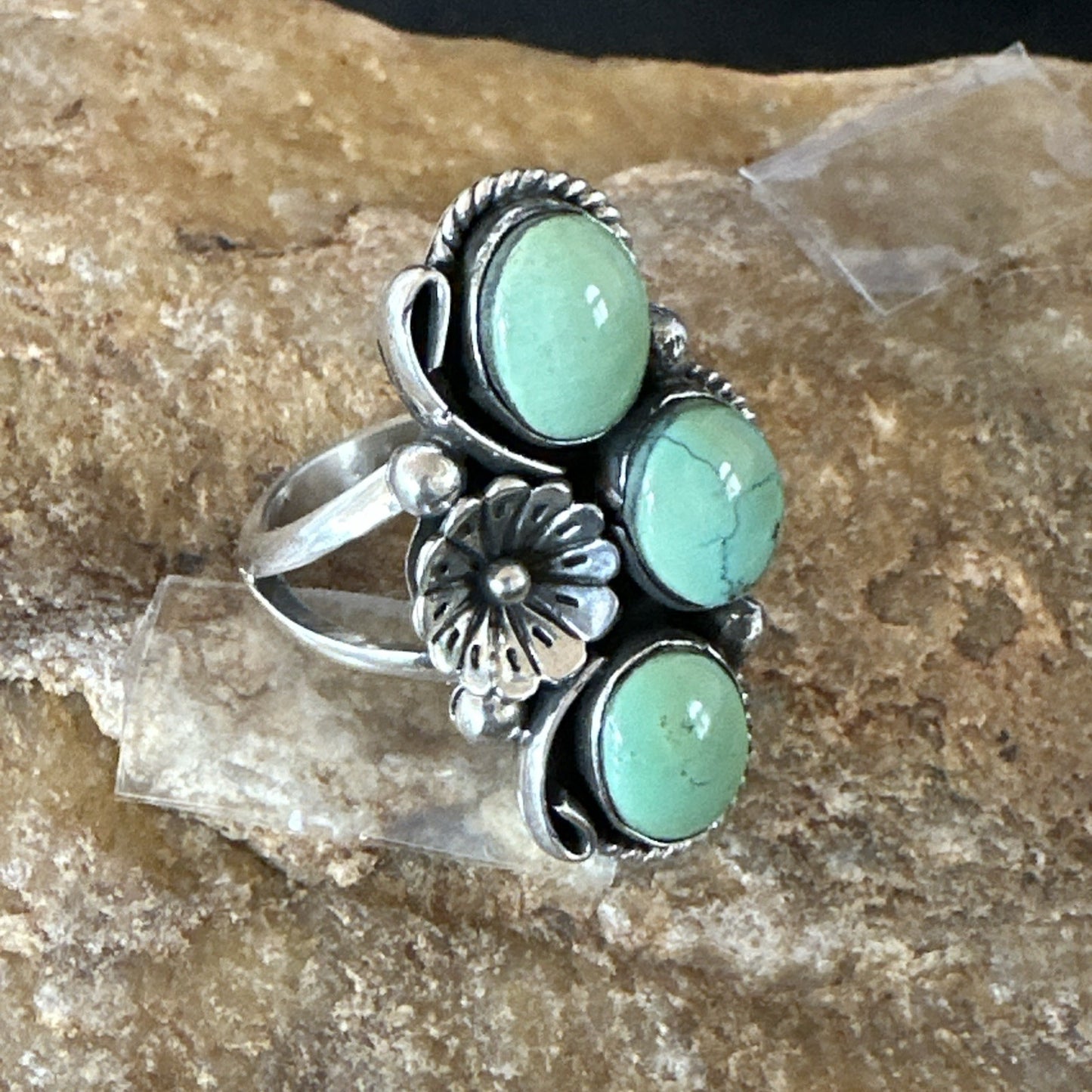 Yazzie Ring Green Turquoise Navajo Sterling Silver Cluster Size 9 19216